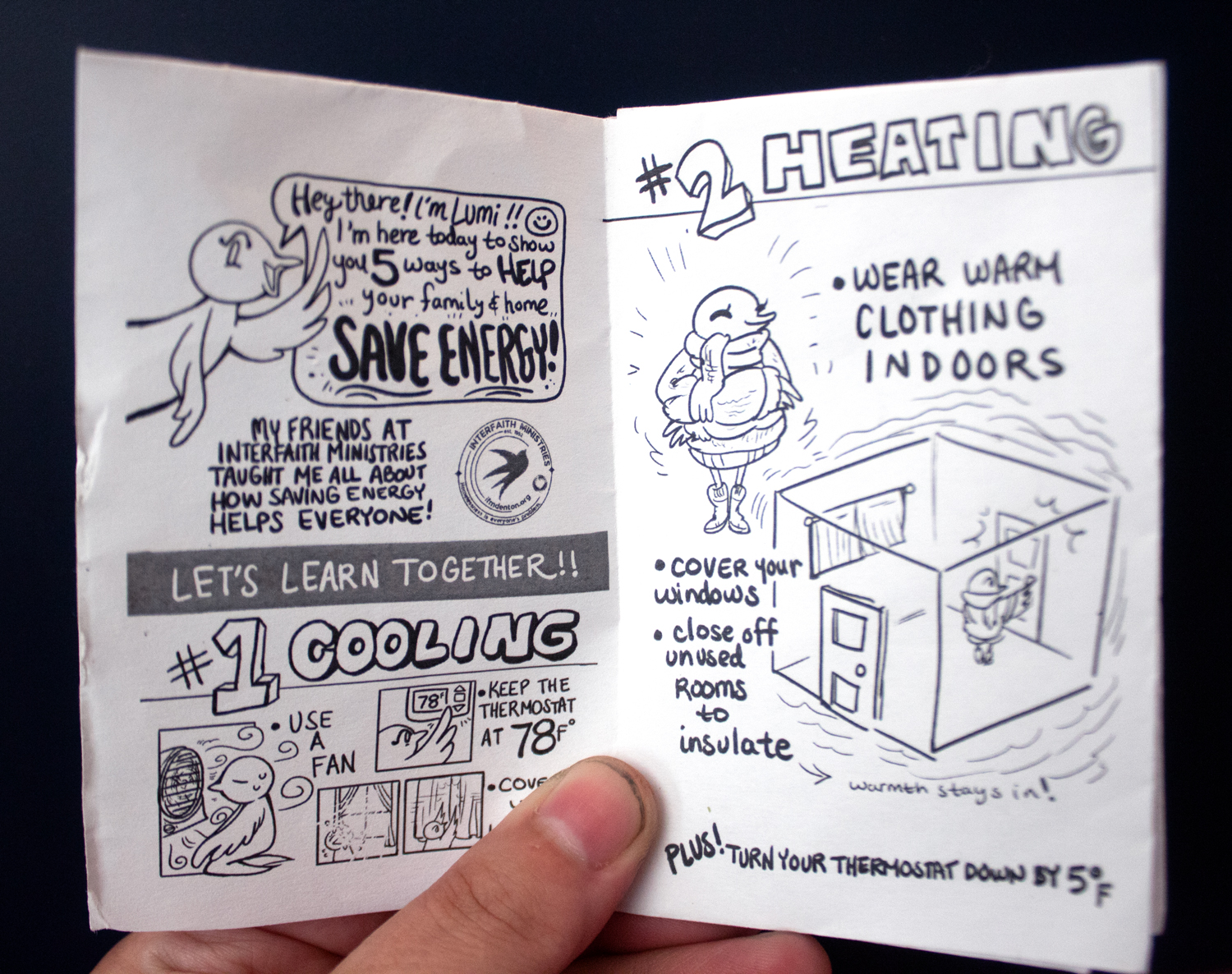 The zine held open showing tips for energy savng.
